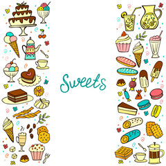 Frame from colorful doodle sweets food on white background. Vector illustration. Cakes, biscuits, baking, cookie, donut, ice cream, macaroons, coffee. Perfect for dessert menu or design.