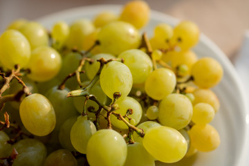 A large bunch of green grapes lies on a white plate.  Cut images. Selective focus.