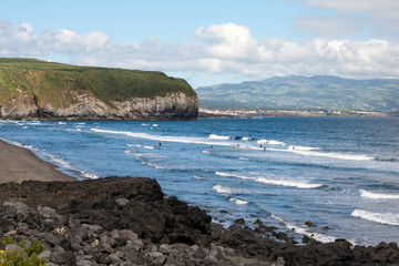 Fototapeta premium The beautiful Praia do Areal de Santa Barbara beach on the island of San Miguel, Portugal. Ideal place for surfing and bodyboarding.