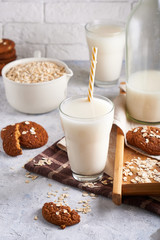 Healthy alternative milk. Homemade oat milk in glass and bottle on light table Lactose free