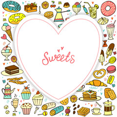 Frame from colorful doodle sweets food on white background. Vector. Cakes, biscuits, baking, cookie, donut, ice cream, macaroons, coffee. Perfect for dessert menu or design. Heart frame composition.