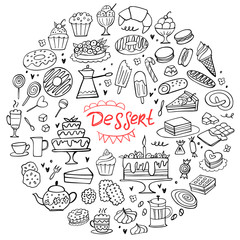 Set of doodle sweets food on white. Vector illustration. Cakes, biscuits, baking, cookie, pastries, donut, ice cream, macaroons, coffee. Perfect for dessert menu or food package design.