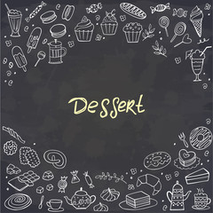 Fototapeta na wymiar Doodle sweet food frame on chalkboard. Vector illustration. Cakes, biscuits, baking, cookie, pastries, donut, ice cream, macaroons. Perfect for dessert menu or food package design.