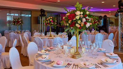 Table set for wedding or another catered event dinner.