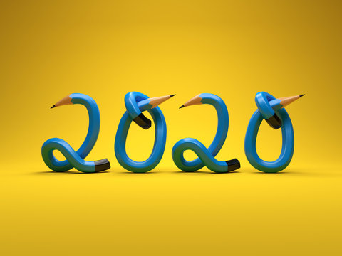 New Year 2020 Creative Design Concept with Pencil - 3D Rendered Image	