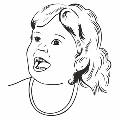 Little girl saying. Girl announcing discount. Shopping time. Special offer. Vector picture