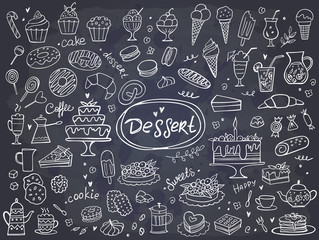 Set of hand drawn delicious sweets on chalkboard. Vector illustration. Cakes, biscuits, baking, cookie, pastries, donut, ice cream, macaroons. Perfect for dessert menu or food package design.