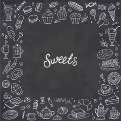 Hand drawn sweet food frame on chalkboard. Vector illustration. Cakes, biscuits, baking, cookie, pastries, donut, ice cream, macaroons. Perfect for dessert menu or food package design.