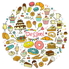 Set of colorful doodle sweets food on white background. Vector illustration. Cakes, biscuits, baking, cookie, donut, ice cream, macaroons, coffee. Perfect for dessert menu or design. Round composition