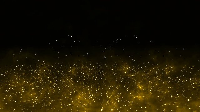 Abstract gold light particles on black night background. 3D golden glitter dust or fire sparks floating with copy space. Loopable 4k animation footage.