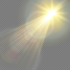 Special lens flash, light effect. The flash flashes rays and searchlight. illust.White glowing light. Beautiful star Light from the rays. The sun is backlit. Bright beautiful star. Sunlight. Glare.