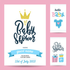 Gift tags and Birthday invitation card. Birthday party design elements with crown, gift boxes and hand lettering. Flat hand drawn doodle illustration.