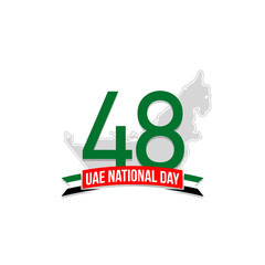 48 National day banner with UAE flag isolated on white. 48 UAE National day Spirit of the union United Arab Emirates, Flat design Logo Anniversary Celebration Abu Dhabi Card with country contour map