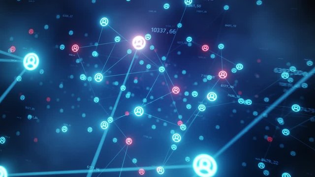 The blacklist concept of connecting people to the Internet, converting nodes. Flight of the camera in a technological abstract space. Social networks. Seamless loop 4k cg animation.