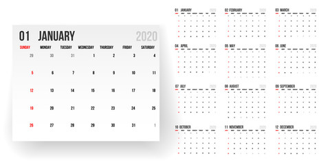 2020 calendar. calendar template on white background. Editable vector file available. English and sunday to monday version.Set of 12 Months. vector