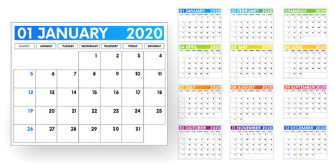 2020 calendar. calendar template on white background. Editable vector file available. English and sunday to monday version.Set of 12 Months. vector