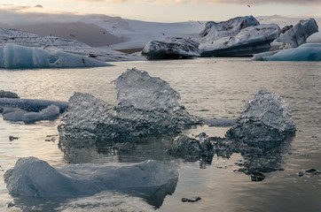 Icebergs in fantastic Jokulsarlon glacial lagoon on sunset. Southeast Iceland, Europe. Fantastic...