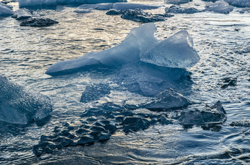 Icebergs in fantastic Jokulsarlon glacial lagoon on sunset. Southeast Iceland, Europe. Fantastic...