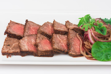 Plate with meat cutting and fresh greens on white plate