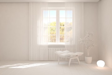 White stylish minimalist room with armchair and autumn landscape in window. Scandinavian interior design. 3D illustration