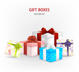 Set of colorful gift boxes with bows and ribbons. Eps 10 vector illustration.