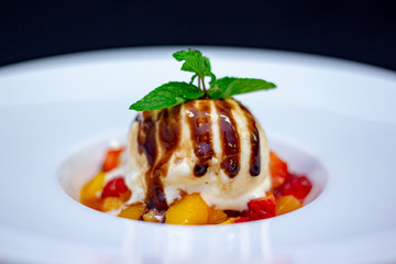 cake with ice cream and strawberries