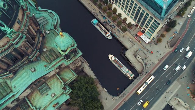 BERLIN, GERMANY - JUNE, 2019: Aerial Panorama drone view of Berlin Cathedral - main church in city centre.