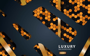 Luxury black overlap layers background. Realistic golden light effect on textured orange hexagon background.