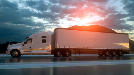 Semi trailer. Truck on the road, highway. Transports, logistics concept. 3d rendering