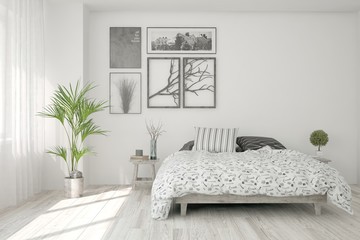 Stylish bedroom in white color. Scandinavian interior design. 3D illustration