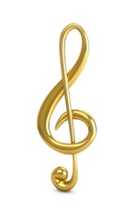 3D Rendering of golden treble clef isolated on white background