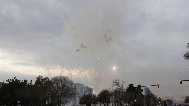Mascleta Daytime fireworks for Fallas Holiday in Valencia Spain. View of the sky and smoke with high quality sound