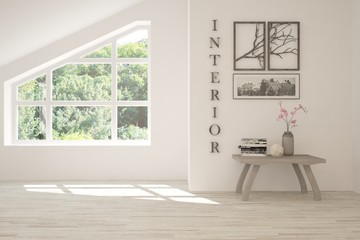 Stylish empty room in white color with summer landscape in window. Scandinavian interior design. 3D illustration