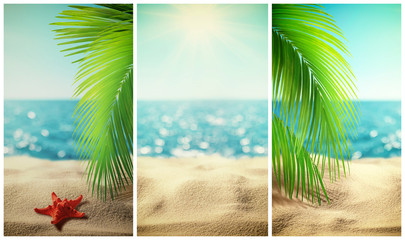 Set of beautiful tropical beach vertical banner. Summer landscape with coco palms on blur defocused blue sea or ocean background. Summer vacation concept