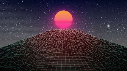 Synthwave Sunset Background. 80s Sun over wireframe landscape. Dark starry sky. Virtual 3d scene. Perspective grid terrain. Banner, party flyer, poster or cover template. Stock vector illustration