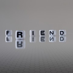 The concept of friend represented by black and white plastic letter cubes