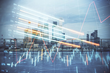 Forex graph hologram with city view from roof background. Double exposure. Stock market concept.