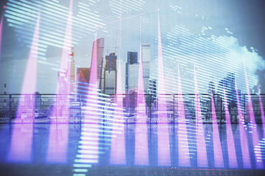 Forex graph with map hologram with city view from roof background. Double exposure. Financial analysis concept.