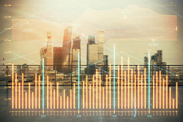 Forex graph hologram with city view from roof background. Double exposure. Financial analysis concept.
