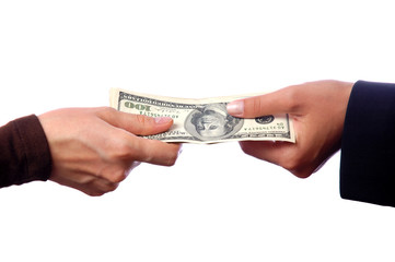 Hands giving money isolated on white background