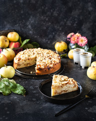 Fototapeta na wymiar Homemade apple pie with shortcrust pastry on top, with shtrezel, shtreisel. Piece cut off