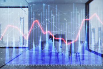 Forex chart hologram with minimalistic cabinet interior background. Double exposure. Stock market concept.
