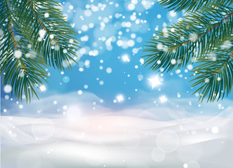 Fototapeta na wymiar Christmas Winter background with snow drifts ,green tree branch,fir-tree, snowfall, snowflakes in different shapes and forms, . Winter landscape with falling shining beautiful snow. vector