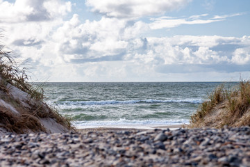 Fototapeta na wymiar Beautiful sand dune with sea grass and sea to the horizon