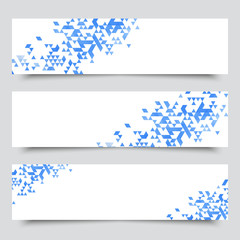Set of three modern geometric vector banners with polygonal background. Blue triangle