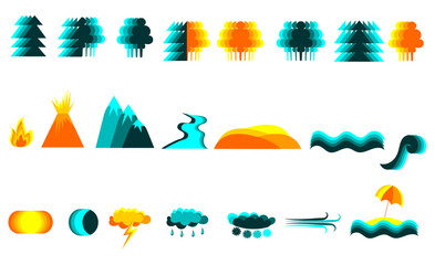 Fototapeta premium Icon set in blue and orange colors on a white background. Isolated. Nature, forest, sun, water, moon. Vector illustration.