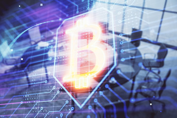 Blockchain theme hologram on conference room background. Double exposure. Concept of cryptocurrency