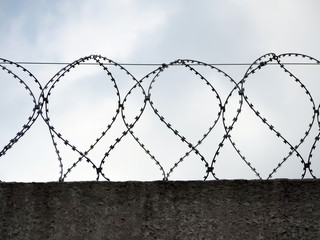 Coils of barbed wire against the gray sky.