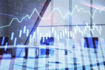 Double exposure of forex chart on conference room background. Concept of stock market analysis