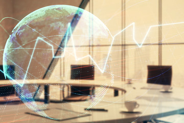 Double exposure of stock market graph with globe hologram on conference room background. Concept of international finance